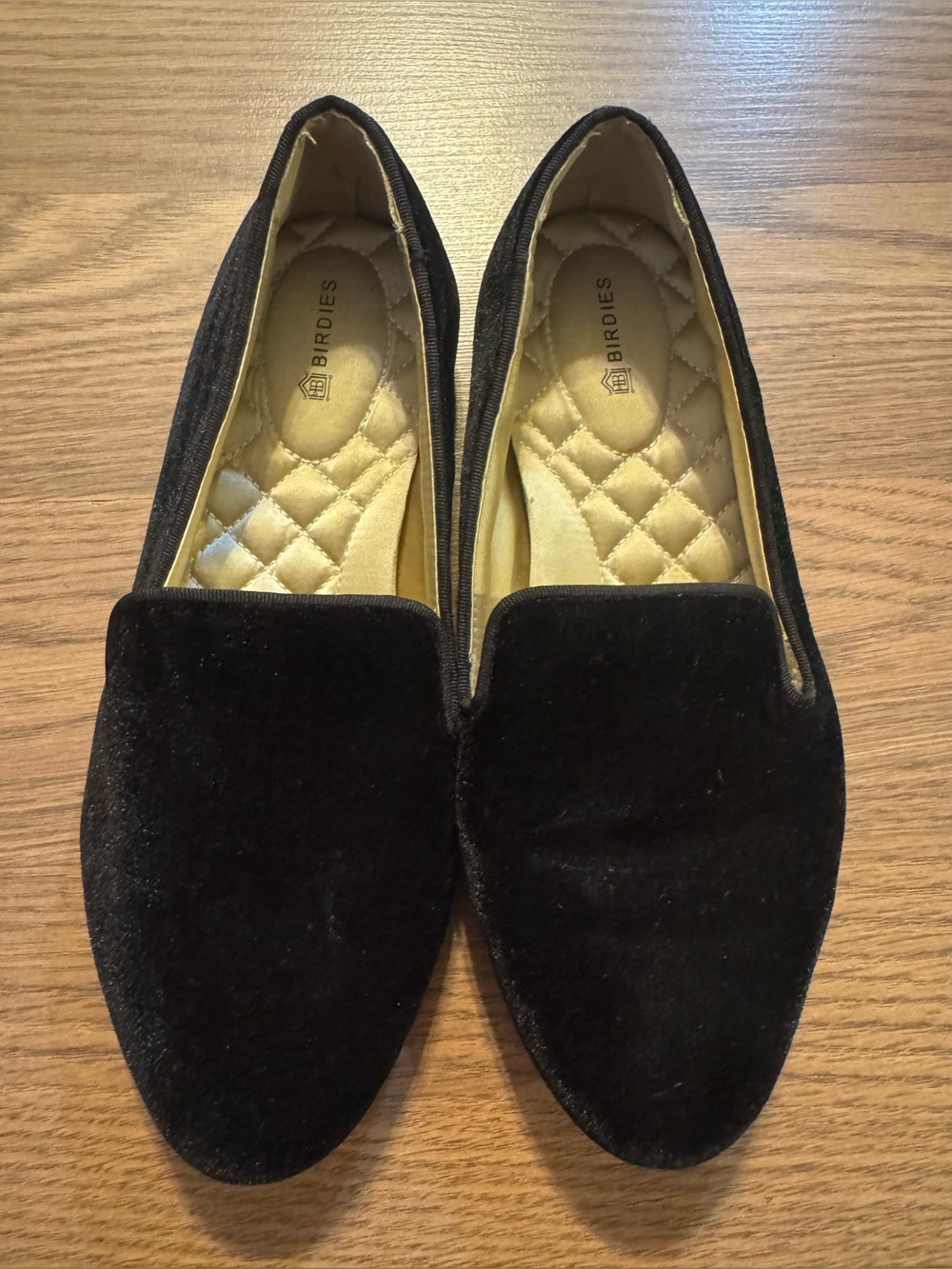 Birdies Black Velvet Quilted-Insole Slip-Ons
